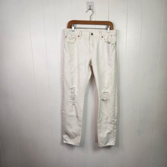 Levis 501 Button Fly Jeans Off White Ripped Straight Leg 100% Cotton No Stretch - Picture 2 of 14
